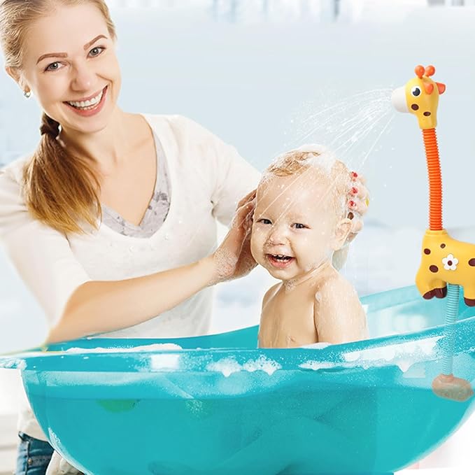 Bath Toys, 360° Adjustable Electric Giraffe Baby Shower Head with Flexible Neck Tube, Battery Operated Baby Bath Sprayer Water Toy with Suction Cup for Toddler Child 3+