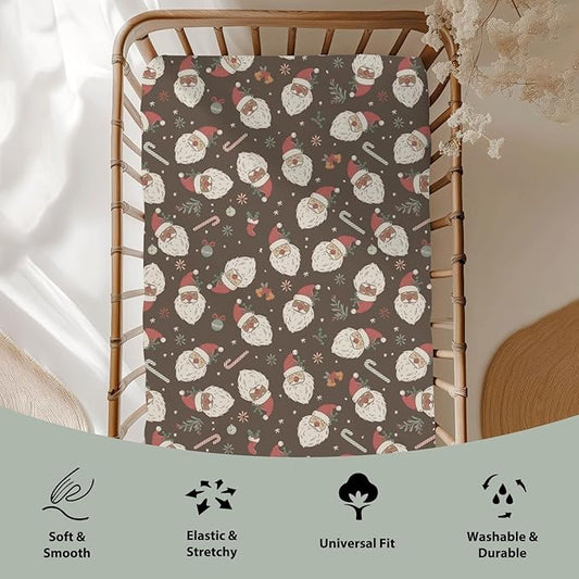 Vintage Christmas Santa Claus Baby Crib Sheets for Boy Girl 52"x28" Santa Stockings Candy Fir Cherry Soft Snug Fitted Crib Mattress Cover Winter Holiday Baby Sheet for Standard Crib & Toddler Mattress