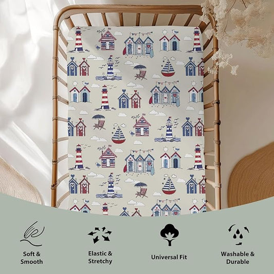 Beach Huts Boats Lighthouse Baby Crib Sheets for Boy Girl 28"x52" Summer Seaside Holiday Soft Snug Fitted Crib Mattress Cover Marine Ocean Nautical Baby Sheet for Standard Crib & Toddler Bed Mattress