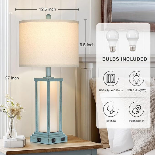 Cinkeda 27" Tall Vintage Table Lamp Set of 2 with USB C+A & Outlet,Nightstand Lamp for Living Room,Coastal Bedside Lamps with Frosted Glass Night Light for Bedroom Entryway,Blue