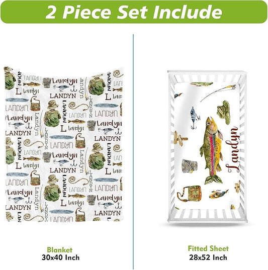Personalized Baby Crib Bedding Set, Custom Name Fishing Theme Baby Bedding 2-Pcs Set - Soft Double Layer Dotted Blanket and Fitted Sheet, Nursery Bedding for Newborn Boys Girls, Perfect Shower Gift