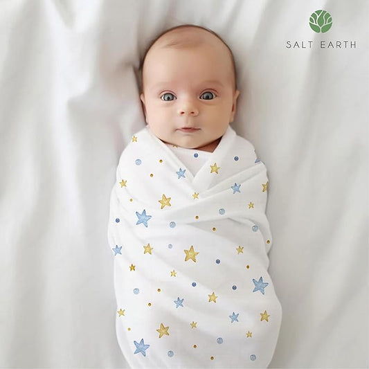 Salt Earth GOTS Certified 100% Organic Cotton 2-Layered Swaddle Baby Blanket, 4 Pack, 47"x 47" Receiving Blankets for Swaddling, Wrap for Boy & Girl, Newborn Baby Essentials, Registry (Solids & Stars)