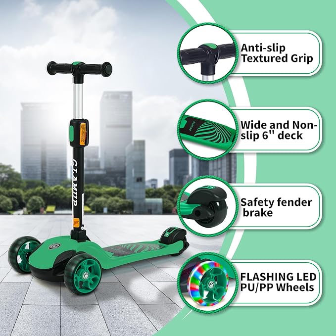 GLAMUP Kids Kick Scooter 3 Wheels, Kids Scooter Height Adjustable Handlebar, Lean-to-Steer System & Easy-Folding Mechanism, Ages 3-14 Boys and Girls