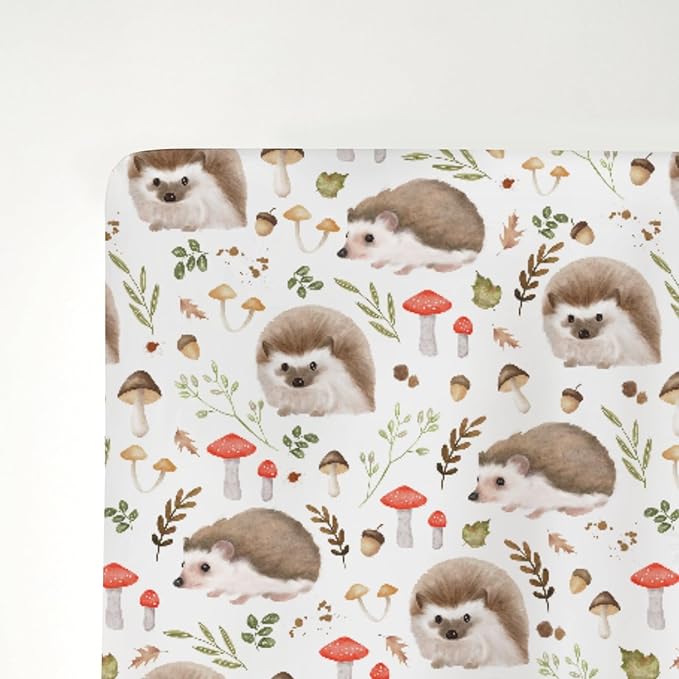 Cute Hedgehogs Baby Crib Sheets for Boy Girl 52x28Inch Hedgehog Mushroom Leaves Soft Snug Fitted Crib Mattress Cover Animal Baby Sheet for Standard Crib and Toddler Bed Mattress