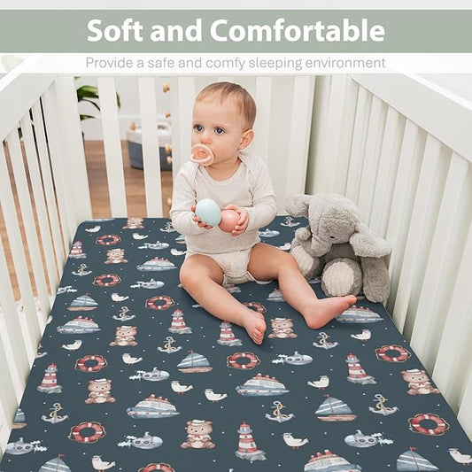 Sailor Bear Watercolor Baby Crib Sheets for Boy Girl 52x28Inch Bear Lighthouse Anchors Boats Soft Snug Fitted Crib Mattress Cover Coastal Nautical Life Baby Sheet for Standard Crib & Toddler Mattress