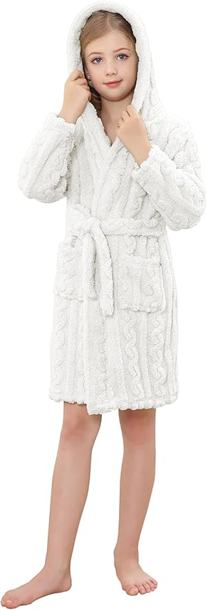 Umeyda Girls & Womens Twist Fleece Robes, Hooded Soft Warm Bath Robe for Kids Womens Fuzzy Bathrobe for Gifts