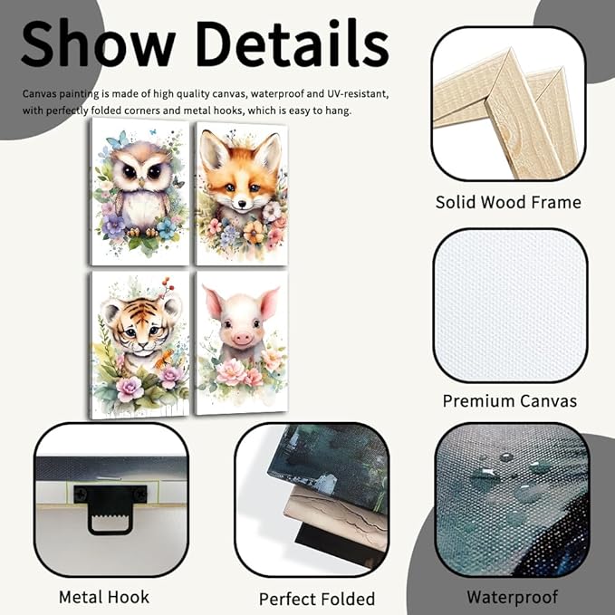 NAMENLAIMI Animal Wall Art Canvas Cute Owl Fox Tiger Pig Picture Prints Nursery Animals Paintings Animal with Flower Pictures Wall Decor for Kids Room Decor Frame(Animal-4,16.00" x 24.00" x 4Pcs)