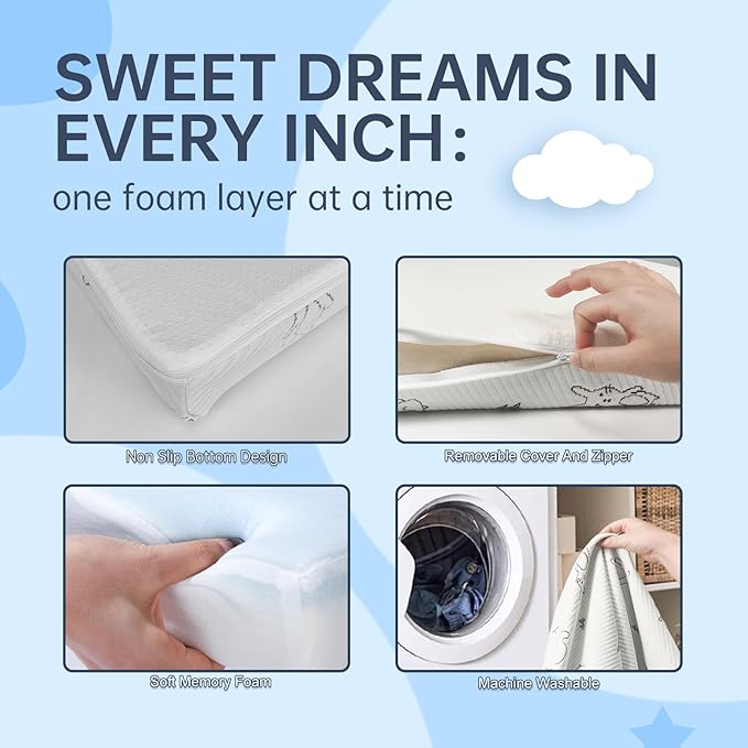 Pack and Play Mattress Pad, 38"x26" Dual-Sided Firmness Memory Foam Pack N Play Mattresses, Portable Baby Thick Mattress for Pack n Play with Removable Animal Cover
