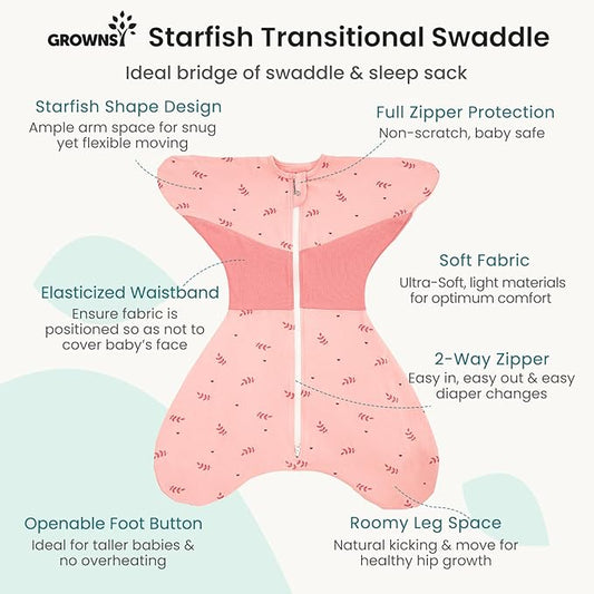 GROWNSY Transitional Swaddle Sleep Sack 3-6 Months, Starfish Design Baby Swaddle Sack, Dual-Zipper for Easy Diaper Changes, Proper Hip Development & Openable Foot Button, 12-20lbs, Pink
