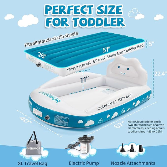Inflatable Toddler Travel Bed, Portable Toddler Bed with 4-Sides Safety Bumpers & Fast Auto Inflation Pump, Kids Air Mattress for Travel Camping, Grandma's Home Sleepovers Blow Up Mattress