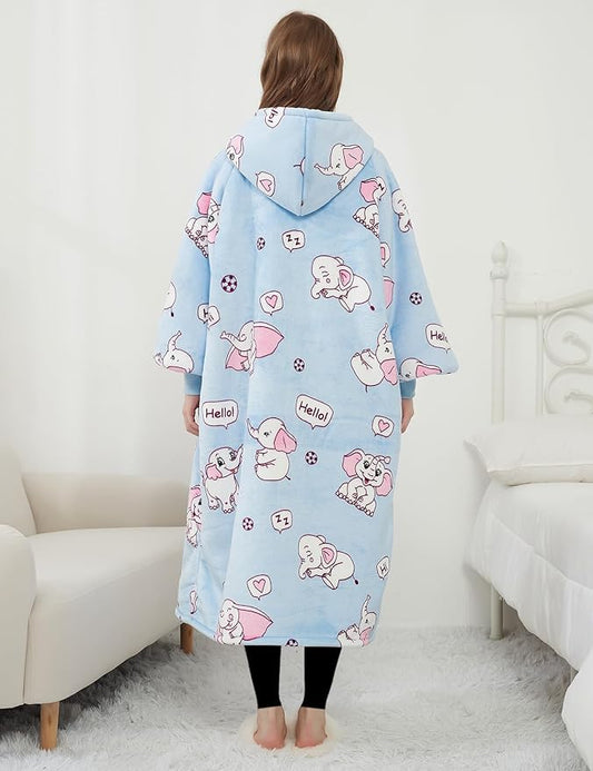 KFUBUO Wearable Blanket Hoodie for Adult Long Sherpa All Patterns Elephant Oversized Hoodie Sweatshirt Blanket Cute Birthday Gifts for Women