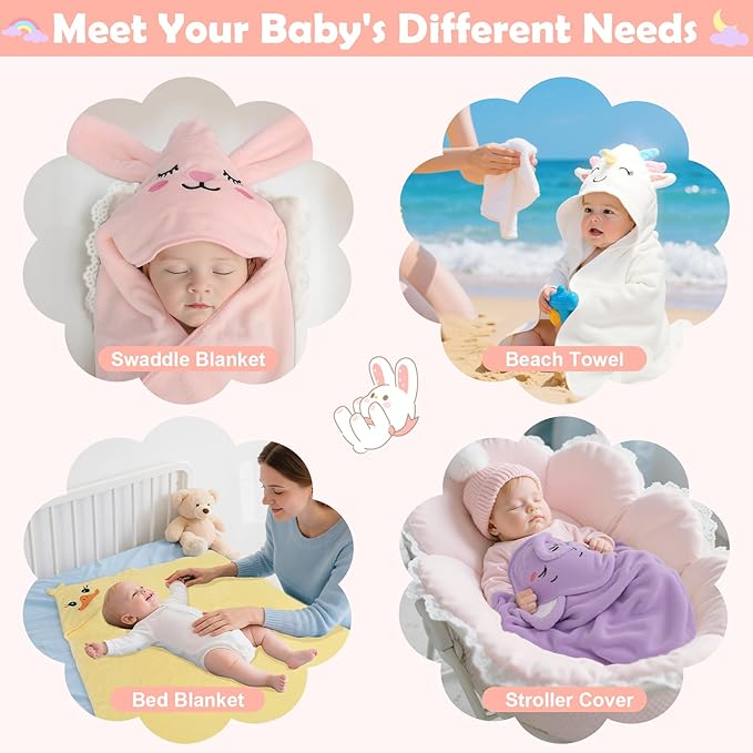 CandyHome 12 PCS Baby Bath Towels for Infants Toddlers, 4 PCS Animal Hooded Baby Towels & 8 PCS Washcloths Set, Ultra Absorbent Soft Cute Newborn Essential Gift for Boys & Girls