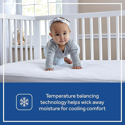 Sealy Baby Cool Comfort Cooling Breathable Waterproof Crib Mattress Protector Pad, Toddler Bed Cover, Infant and Newborn Durable Comfortable Topper, Machine Washable and Dryer Friendly, 52x28”- White
