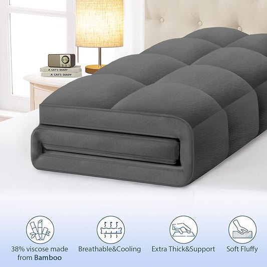 ELEMUSE Queen Grey Cooling Bamboo Viscose Mattress Topper for Back Pain, Extra Thick Mattress Pad Cover, Plush Soft Pillowtop with Elastic Deep Pocket, Overfilled Down Alternative Filling