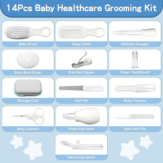 Baby Healthcare and Grooming Kit, 14 in 1 Baby Safety Set Newborn Nursery Health Care Set with Hair Brush Scale Nail Clippers for Baby Girls Boys (14 Kits Grey White)
