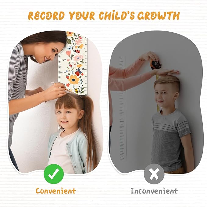 Woodemon Personalized Name Growth Chart for Kids, Flower Canvas Height Chart Ruler Removable Hanging Wall Ruler Measurement Chart for Home Decoration, Waterproof Measuring Board, Foldable