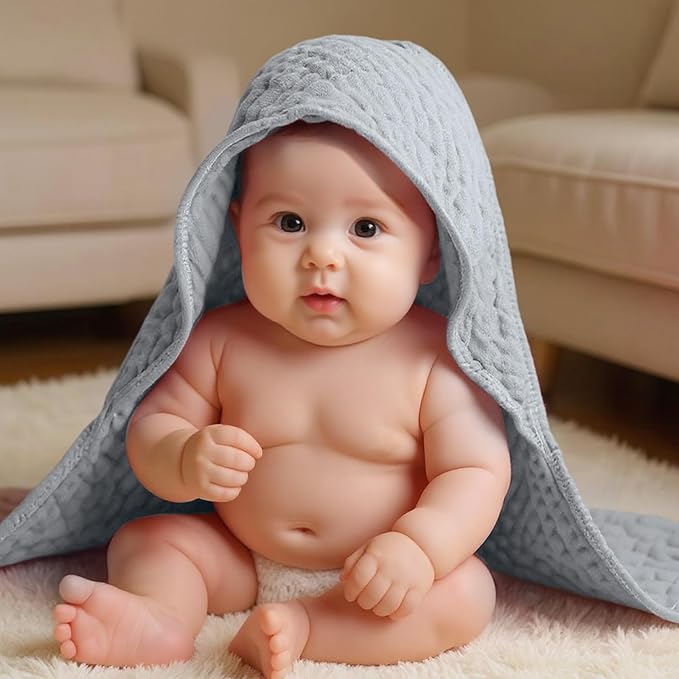 Peryiter 4 Pcs Muslin Hooded Baby Towels, 32x 32'' Cotton Newborn Bath Towel Muslin Infant Baby Blankets Absorbent Unisex Christmas Registry Gift Essentials for Girls Boys (Green,Gray,Rust,Blue)