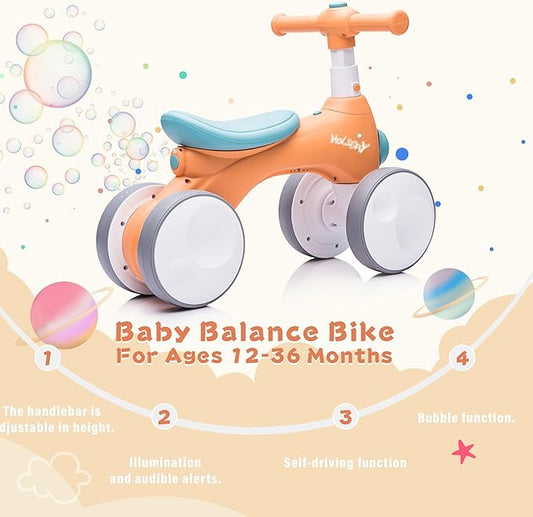 Baby Balance Bike 1 Year Old with Music, Lights, Bubble Machine, 4 Wheels Pedal-Less Toddler Ride on Toys for 12-36 Months Birthday Gift, Toddler boy Toys(Orange&Green)