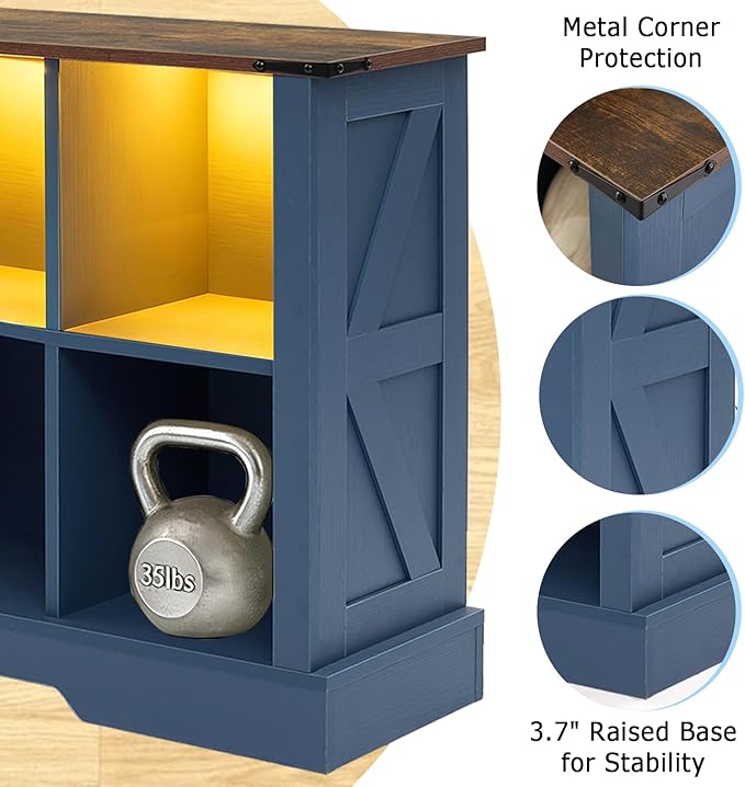 Puntogen 8 Cube Storage Organizer, Wood Cube Bookshelf with LED Lights, Horizontal Storage Cubes, Kids Bookshelf, Display Cabinet Cubby Shelf for Living Room Home Office Bedroom,Navy Blue