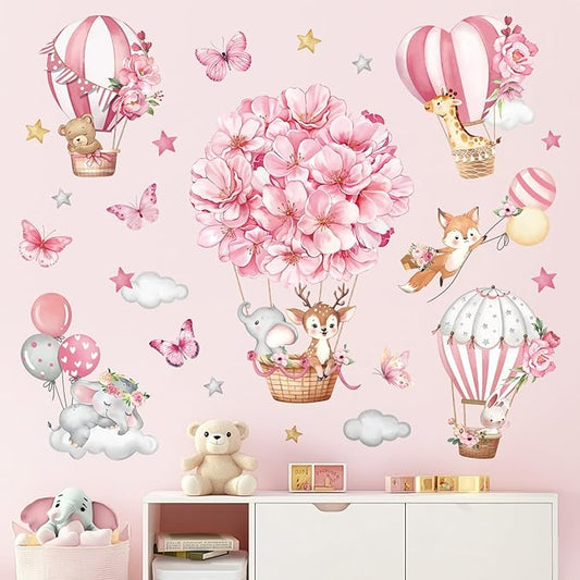 decalmile Pink Hot Air Balloon Animal Wall Decals Flowers Balloons Elephant Deer Fox Wall Stickers Girls Room Baby Nursery Kids Bedroom Wall Decor