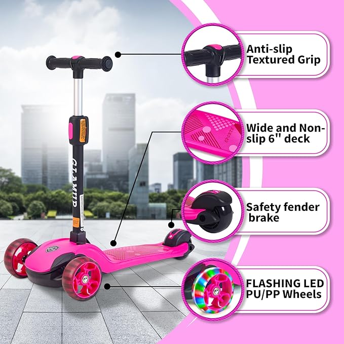 GLAMUP Kids Kick Scooter 3 Wheels, Kids Scooter Height Adjustable Handlebar, Lean-to-Steer System & Easy-Folding Mechanism, Ages 3-14 Boys and Girls