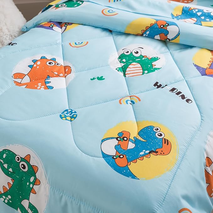 Caressma 5 Pieces Comforter Set Bed-in-a-Bag Twin Size, Soft Brushed Microfiber Kids Comforter with Lovely Blue Dinosaurs Pattern, Includes Comforter, Fitted Sheet, Flat Sheet & Pillowcase & Sham