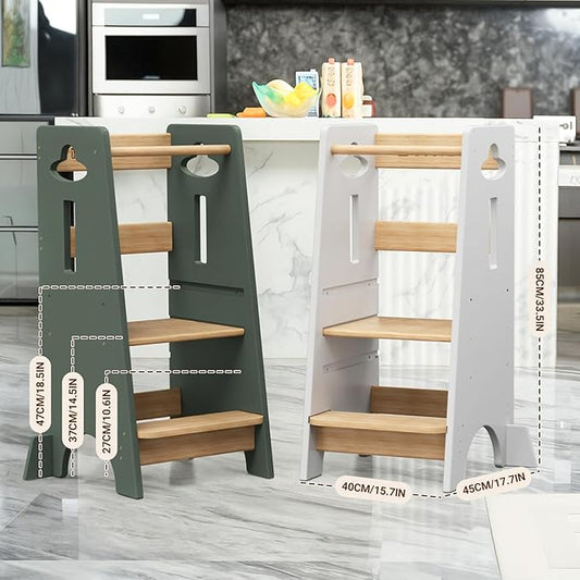 COSYLAND 3 Levels Adjustable Toddler Standing Tower - 33.5IN/85CM Stable Kids Kitchen Step Stool with Protective Crossbar - Wooden Toddler Kitchen Stool Helper(Green & Natural)