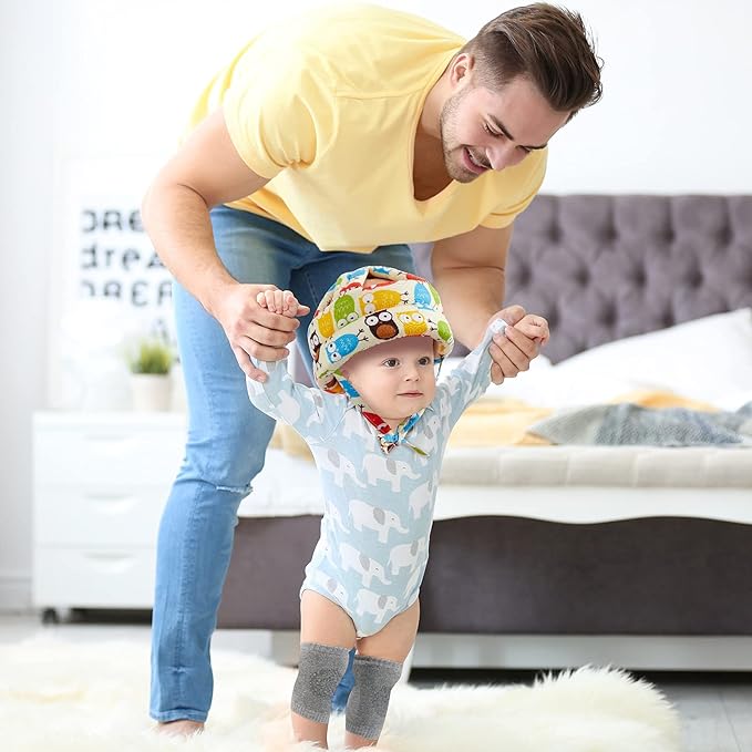 Geyoga 2 Pack Baby Safety Helmet for Crawling Walking Running, Adjustable Soft Cushion Head Protector with Knee Pads, Toddler Protective Cap 6–12 Months 1–2 Years Old (Soccer, Owl Style)