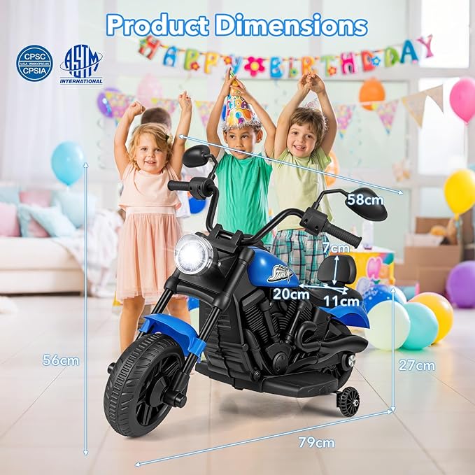 HONEY JOY Toddler Motorcycle, 6V Battery Powered Electric Motorcycle for Kids, Detachable Training Wheels, Music, Foot Pedal, Headlights, Forward/Backward, 3-Wheel Ride On Toy for Boys Girls (Blue)