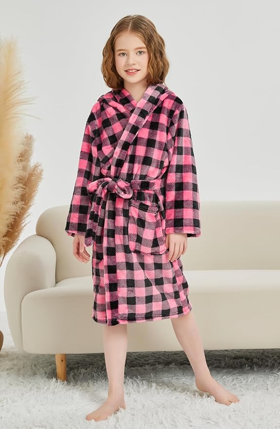 Boys Girls Robe Kids Flannel Hooded Bathrobe Sleepwear Pajamas Toddler Soft Plush Robes for Girls 2-16 Years