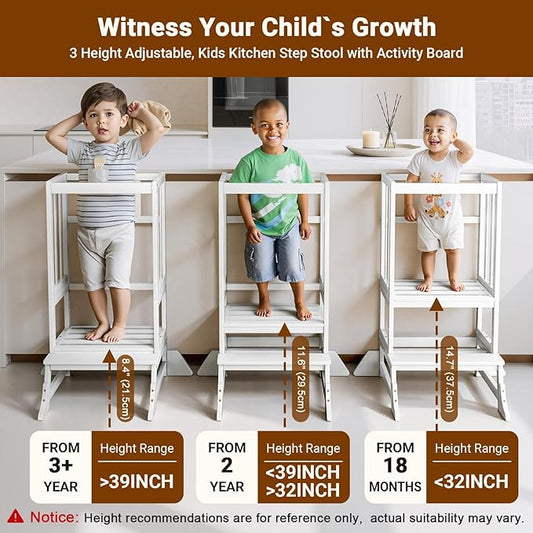 COSYLAND Height Adjustable Kitchen Stool for Toddlers – Portable Toddler Standing Tower for Learning and Cooking – Stable Kids Helper Tower with Stability Block for Kitchen Counter (White)