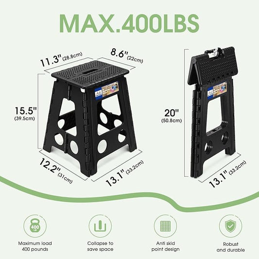 ACKO Folding Step Stool Foldable 16 Inch Stools for Adults and Kids, Plastic Stools Tall 400 lbs Capacity, Collapsible Stool for Kitchen Stepping Foot Stool with Handle, Dot Black,1 PC