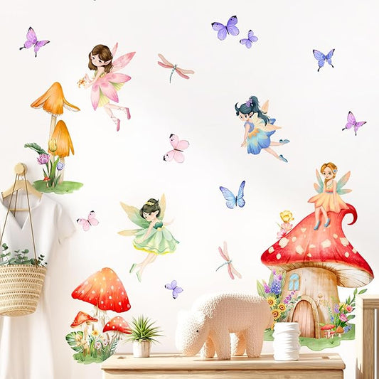 Supzone Mushroom Fairy Wall Decals for Girls Elf Flower Butterfly Dragonfly Wall Stickers Peel and Stick Vinyl Wall Art Decor for Kids Baby Nursery Bedroom Living Room