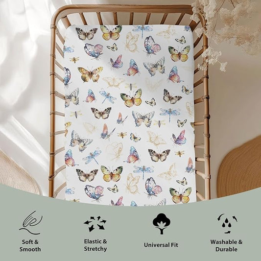 Boho Butterflies Dragonflies Baby Crib Sheets for Boy Girl 52x28Inch Vintage Butterflies Soft Stretchy Fitted Crib Mattress Cover Garden Baby Sheet for Standard Crib and Toddler Bed Mattress