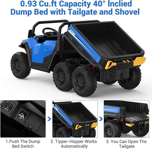24V 2 Seater Ride on Dump Truck with Remote Control for Big Kids, 4WD 6 Wheels Ride on Car w/Music Player & LED Lights, Ride Toy Gift for Kid