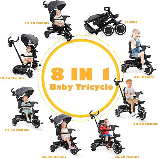 Folding Kids Tricycle, 8 in 1 Baby Trike W/Removable & Adjustable Canopy, Parent Handle, 5-Piont Safety Harness, Toddler Bike Stroller for Kids 1-6 Years, EVA Wheels, Storage Basket, Grey