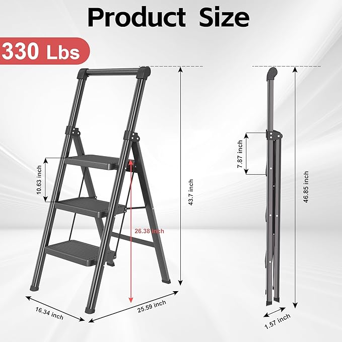 3 Step Ladder, DIAMONDFORGE Folding Step Stool with Wide Anti-Slip Pedal, Anti-Slip Feet and Handgrip, Sturdiest Steel Construction, Steel Ladder for Home, Black