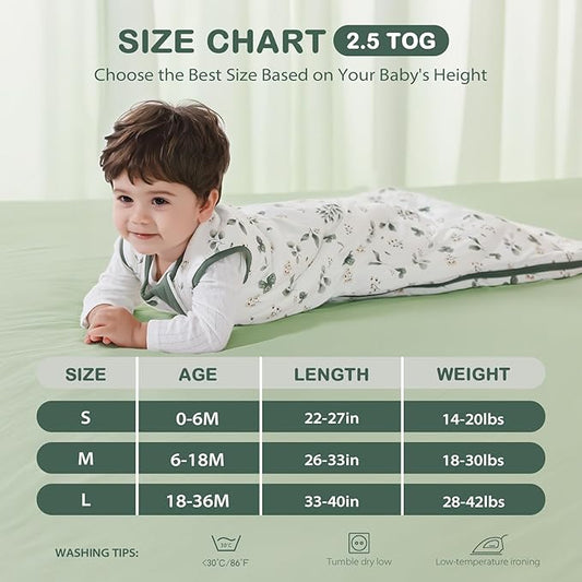 Mosebears Unisex Rayon Made from Bamboo Sleep Sack with 2-Way Zipper,2.5 Tog Baby Winter Sleep Sack(Plant,6-18 Months)