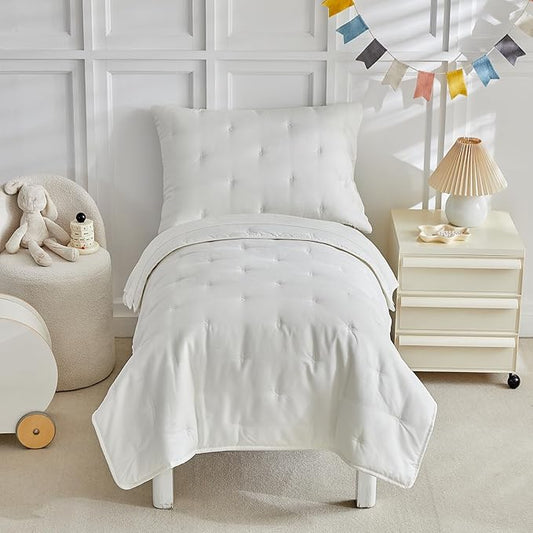 DuShow White 4 Piece Toddler Bedding Set for Boys Girls,Embroidery Microfiber Crib Bed Sheets Set Soft Boho Comforter Set Bed in a Bag, Include Quilted Comforter,Flat Sheet,Fitted Sheet,Pillowcase