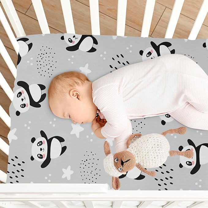 ATTX Fitted Crib Sheet Cartoon Panda Bears Baby Sheets for Standard Crib Toddler Mattress Cover, Soft Microfiber Breathable Mattress Cover,27" x 39" x 5"