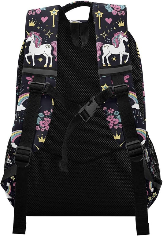 MNSRUU School Backpack with Chest Strap, Cute Unicorn Rainbow And Diamond Purple Laptop Backpack, Travel Hiking Backpack for Boys Girls, Rucksack, Knapsack One Size