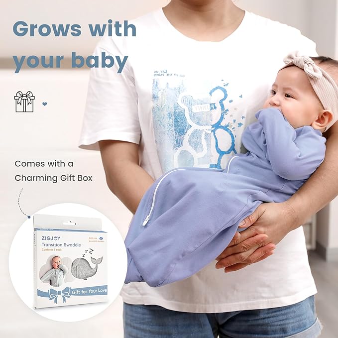 ZIGJOY Baby Transitional Swaddles for Newborns: 0.5 Tog Arms Up Sleep Sack 3-6-12 Months Soft Cotton Shark Fin 2 Way Zipper