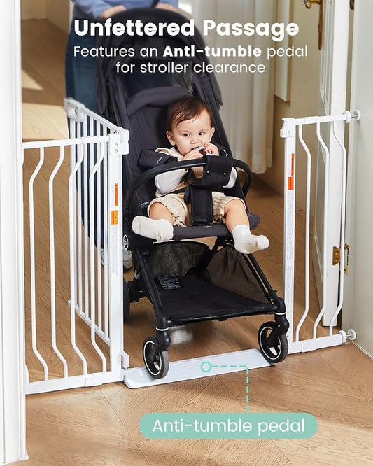 Mom's Choice-GROWNSY Baby Gate for Stairs, 29.5"-48.4" Pressure Mounted Baby Gate for Top of Stair&Doorway with V-Shaped Rods, Anti-Trip Pedal, Extra Wide Stairs Dog Gate Easy Install w/Red Reminder