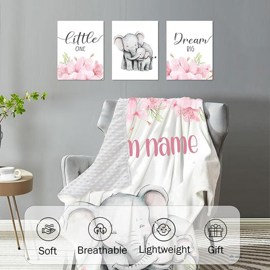 Custom Baby Crib Bedding Set,Personalized Name Pink Flower Elephant Nursery Bed Set 4 Piece,Baby Blanket Fitted Sheet Nursery Rug Wall Art Set,Custom Room Decor Idea Gift for Newborns Boys Girls