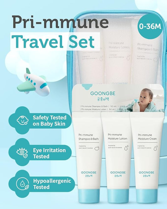 GOONGBE Baby Skincare Travel Set - Korean Baby Skincare & Bath Time Essentials - Shampoo & Bath, Moisutre Lotion, Cream - Hydrating & Nourishing, 3 Items