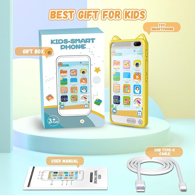 Kids Phone, 3.97" Touchscreen Toddler Smartphone Learning Toys, Fake Play Toy Phone with Music Player Educational Games,Christmas Birthday Gifts for Girls Age 3-12, 8G SD Card(Yelllow)