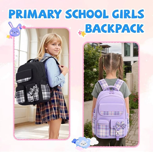 Aulenge Kids Backpack for Girls Cute Teen School Backpack Ages 8-12 with Pencil Case Set Kawaii Stitch Black School Bookbags with Multiple Pockets for Primary & Middle School Students