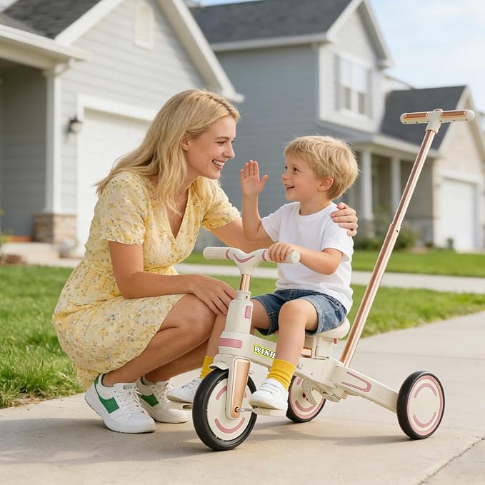 WinHope 9-in-1 Push Tricycle for Toddlers 1-3 Years | Convertible Kids Trike with Adjustable Parent Handle & Safety Harness, Lightweight Foldable Design + Storage Basket for Boys & Girls (Pink)