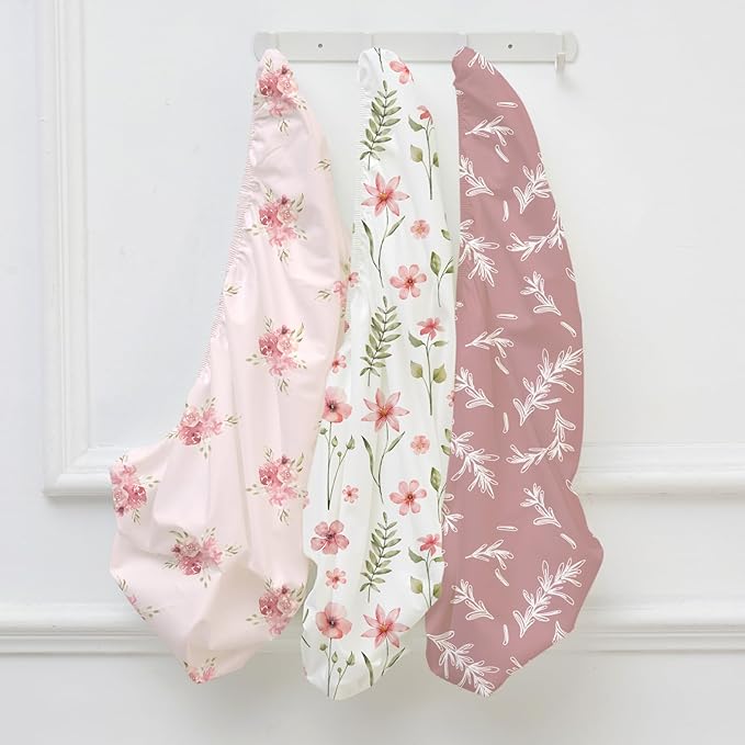 Nap Mat Sheet 47"x24", 3 Pack Pink Floral Baby Crib Sheets Fitted Elastic Corners, Preschool Day Care Rest Mat Cover, Soft Breathable - Compatible with Regalo My Cot, Joovy Travel Cot