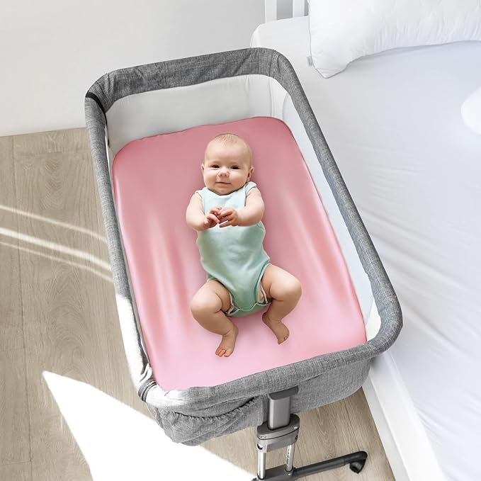 Bassinet Sheets for Baby Girl, Satin Bedside Sleeper Sheets to Fit Mika Micky&Baby Delight&Dream On Me&Baby Joy Bassinet, Bassinet Sheet for Baby Hair (33"x20"x5") Silk Bassinet Sheets, Pink